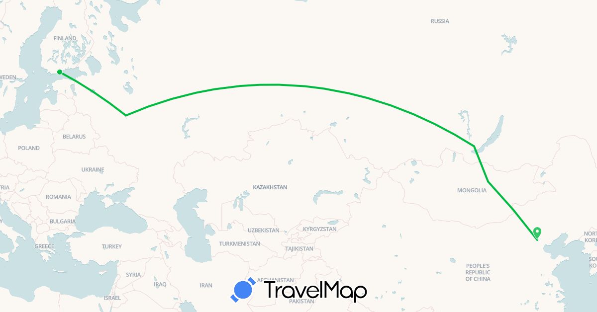 TravelMap itinerary: driving, bus in China, Finland, Mongolia, Russia (Asia, Europe)